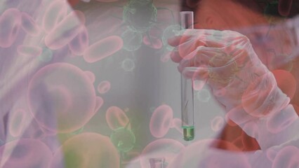 Poster - Animation of caucasian scientists with test tube in laboratory over cells