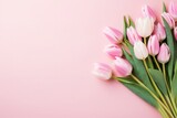 Fototapeta Tulipany - Spring holiday tender cute background with pink tulips. Mother day