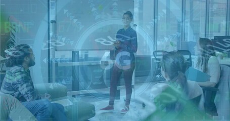 Poster - Animation of financial data processing over diverse business people in office