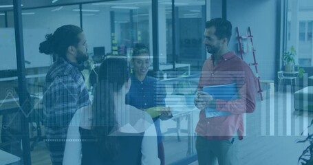 Poster - Animation of financial data processing over diverse business people in office