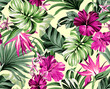 seamless pattern Exotic   wallpaper of tropical flowers  green leaves of palm trees and flowers bird of paradise, hibiscus, artwork for fabrics, souvenirs, packaging, greeting cards 
