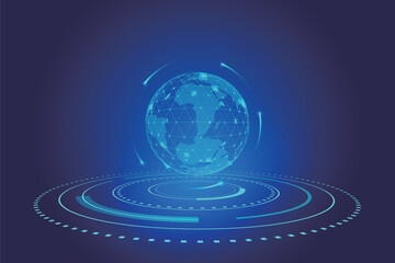 Leinwandbilder - A hollow digital Earth floating above the tech turntable on a blue background.