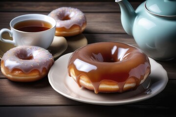 Wall Mural - Cup of tea and donut on the table