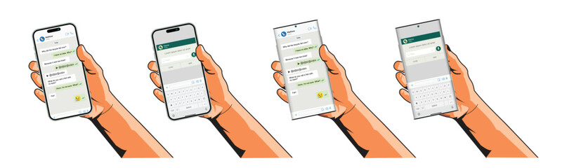 Poster - Hand holds the smartphone with messenger application. Flat vector modern phone mock-up illustration.