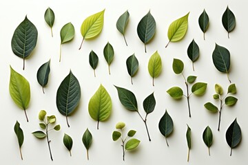 Wall Mural - a refreshing abstract background is formed by flat-laid young green leaves against a clean white bac