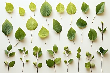 Wall Mural - a visually captivating abstract background is formed by a flat-laid collection of green leaves again