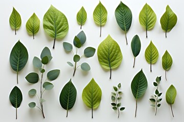 Wall Mural - a fresh and vibrant abstract background is created by flat-laid young green leaves against a white b