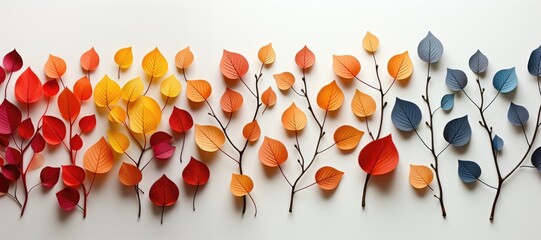 Wall Mural - in a wide-format composition, the rich hues of autumn leaves on branches form a captivating and seas