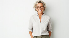 Portrait Of Smiling Mature Businesswoman In Eyeglasses Standing Against White Background.