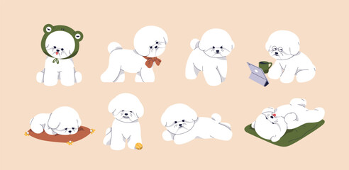 Poster - Cute baby dog of Bichon Frise breed. Funny fluffy fuzzy puppy set. Canine animals activities. Toy doggy, little curly pup pet playing, sleeping, lying, walking. Isolated flat vector illustrations