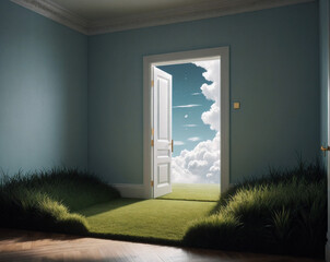 Poster - a surreal door behind which there is sky and clouds, in front of the door there is grass and moss growing. Generated AI