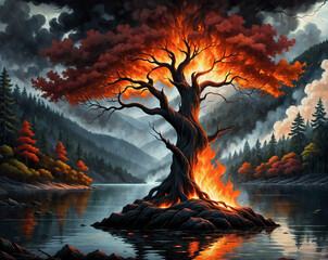 Poster - Burning tree on the river bank in autumn. Generated AI