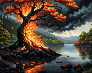 Poster - Burning tree on the river bank in autumn. Generated AI