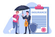 Man is injured and gets insurance. Disabled patient with crutches. Insure agent gives money bag. Protecting shield and umbrella. Financial payments. Medical health care. Vector concept