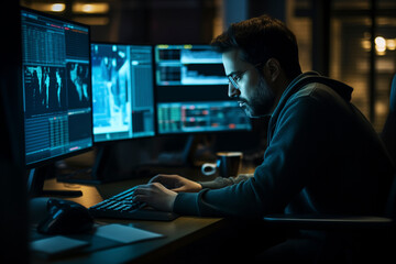 Poster - A man at a computer against the backdrop of stock quotes.