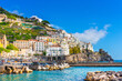 Amalfi, Italy, 29 october 2023 - harbour and part of the city seen from the pier in Amalfi