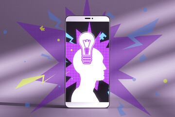 Aufkleber - Creative digital head with light bulb on concrete wall background. Idea and solution concept. 3D Rendering.