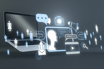 Aufkleber - Close up of laptop with creative digital marketing hologram on blue background. Promotion, chat gpt and alert concept. 3D Rendering.