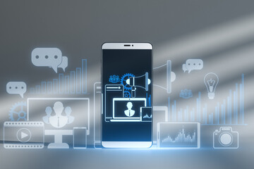 Poster - Close up of smartphone with creative digital marketing hologram on blue background. Promotion and analysis concept. 3D Rendering.