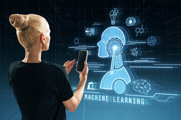 Aufkleber - Attractive young blonde european woman using cellphone with glowing robot head and icons on dark blurry background. Chat GPT, machine learning and AI concept.