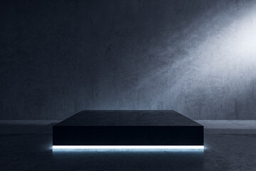 Poster - Empty concrete surface with pedestal and mock up place and light. Presentation concept. 3D Rendering.
