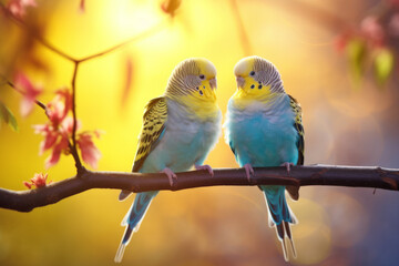 Couple of romantic blue budgies birds on a branch. Love or friendship concept