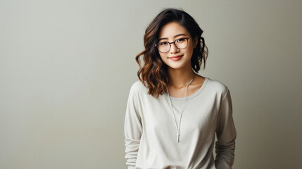 Beautiful asian woman in eyeglasses smiling at camera isolated on grey.