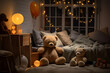 Cozy kids bedroom with garland lights and teddy bears