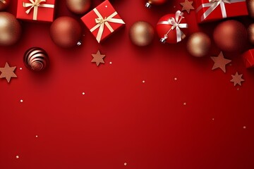 Wall Mural - ref background with Christmas decorations, stars, snowflakes, balls, 2024, gift box, top view