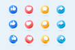 social media circle icon set thumbs, comment, share and love 3d style