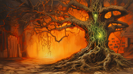 Wall Mural - Magical dark fairy tale forest at night with old scary tree