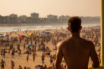 Sticker - A focused lifeguard keeps a watchful eye over a crowded beach, ensuring the safety of swimmers and sunbathers