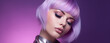 © MD Media - A beautiful model in with purple hair and elegant makeup, in the style of shimmering, luminous palette, salon. Isolated studio background. Hair styling