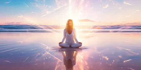 A woman in lotus pose on the beach sea or ocean coast, practicing yoga meditation and mindfulness exercises until wellness and awareness. Relaxation Magic time