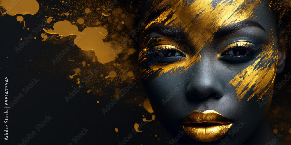 Beautiful black woman with golden makeup on her face, in the style of ...