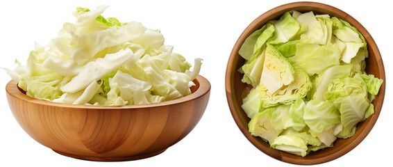 Wall Mural - Green cabbage in a wooden bowl bundle isolated on white background, vegetable collection