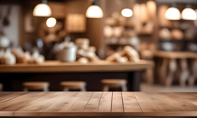 Empty wooden table, smooth surface with free space and background of baker