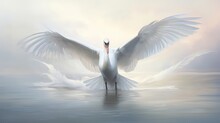 An Elegant Portrayal Of A Swan Gracefully Flying Mid-air Against A Flawless White Backdrop AI Generated Illustration