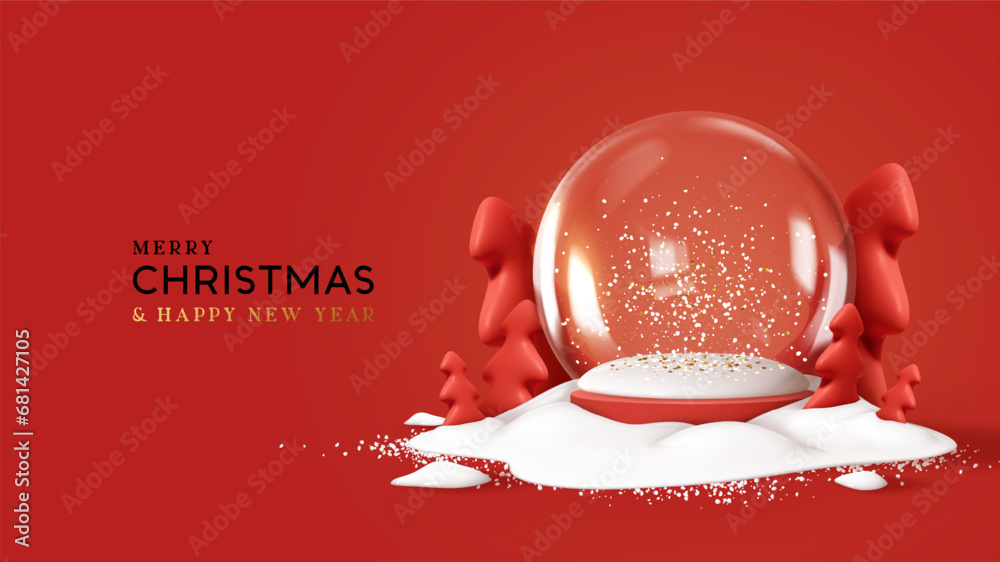 Christmas glass snow globe empty stands on the snow with fir trees. Red ...