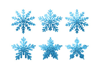 Poster - Set of snowflakes in glitter of blue color. Collection of decorative elements for the Christmas holiday. Vector illustration