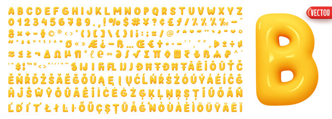 Poster - Multilingual font complete with all symbols and signs and numbers. Font realistic 3d design plastic cartoon style, yellow colors. Language support French, German. Vector illustration
