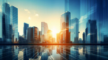 Picture Of Modern Skyscrapers Of A Smart City, Futuristic Financial District With Buildings And Reflections , Blue Color Background For Corporate And Business Template With Warm Sun Rays Of Light