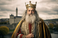 Portrait Of A Man Dressed Like Charlemagne The Former French King And Emperor With French Medieval Castle In Background