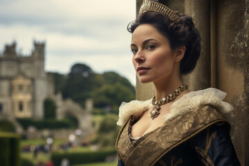 Portrait of a woman dressed like Queen Victoria the former British monarch in front a an English castle