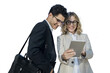 © muse studio - Business successful positive managers use a tablet, a man and a woman stand together, office employees. Finance colleagues work in a team, project partners.