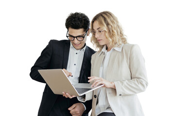 They use a laptop, business successful positive managers, a man and a woman stand together, office employees. Colleagues work in a team, project partners.