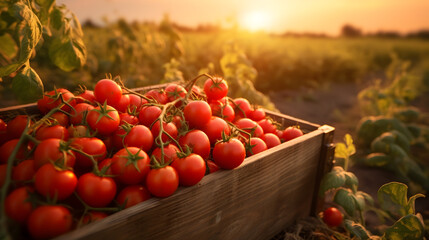 Cherry tomatoes harvested in a wooden box with field and sunset in the background. Natural organic fruit abundance. Agriculture, healthy and natural food concept. Horizontal composition.