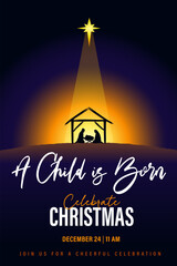 Wall Mural - A Child is Born, celebrate Christmas church banner template. Social media concept for Xmas service or Epiphany day with nativity scene and text. Vector illustration