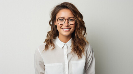 Portrait of young business woman in eyeglasses smiling at camera.