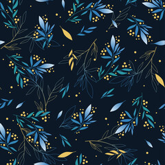 Seamless winter doodle pattern with gradient leaves sketch. For wrapping paper. Ideal for wallpaper, surface textures, textiles.